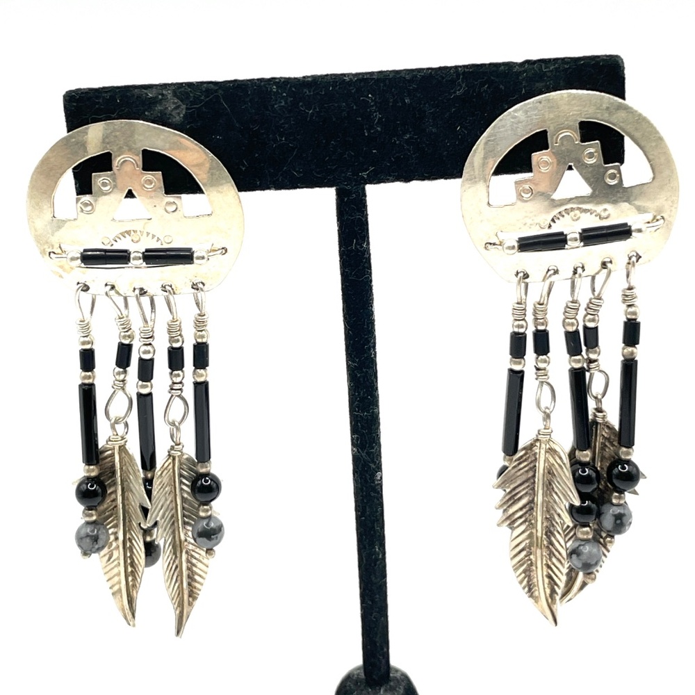 Sterling Silver Multi Dangle Stone Feather Drop P… - image 1